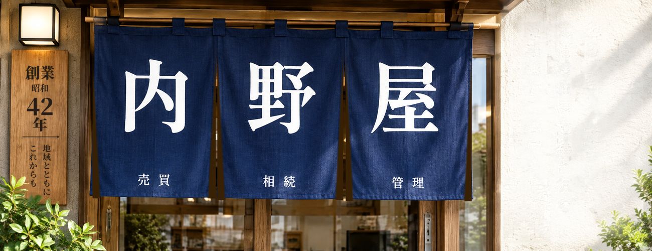 内野屋不動産の店先。紺の暖簾に白で「内野屋」と染め抜かれ、横の木の看板には「創業 昭和42年」とある